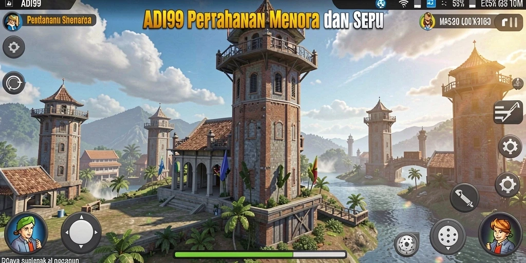 Tampilan gameplay ADI99 dengan menara pertahanan yang beragam.