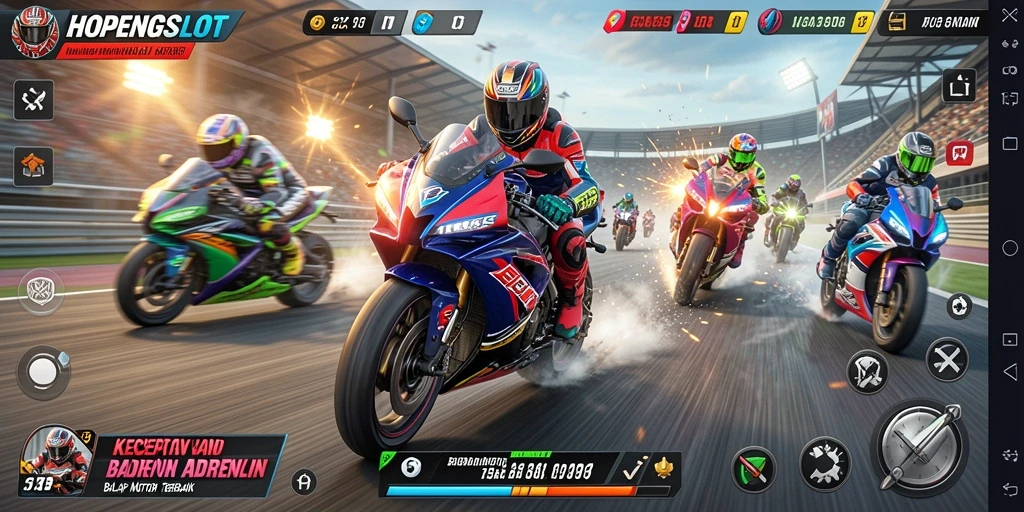 Tampilan gameplay HOPENGSLOT yang memukau saat balapan motor.