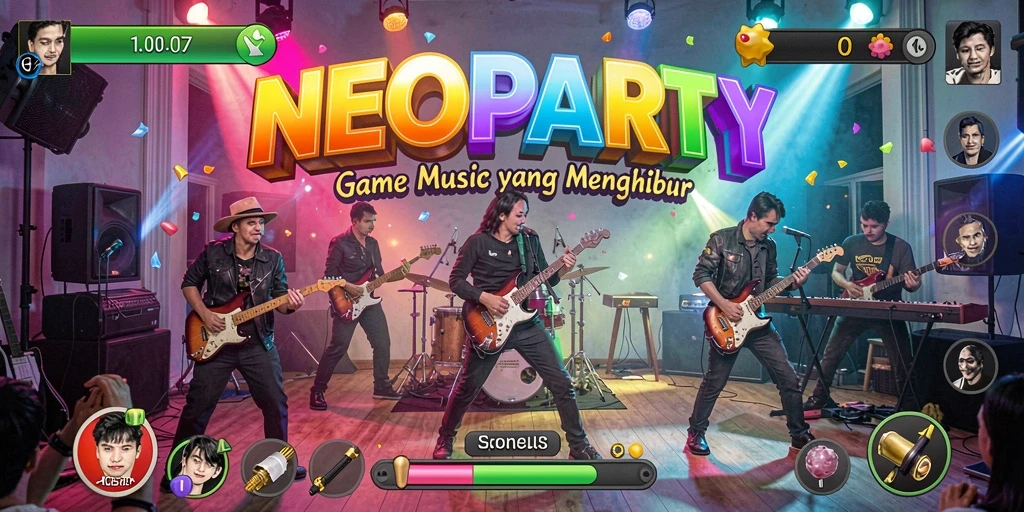Screenshot gameplay NEOPARTY menampilkan penggemar musik yang bersenang-senang.