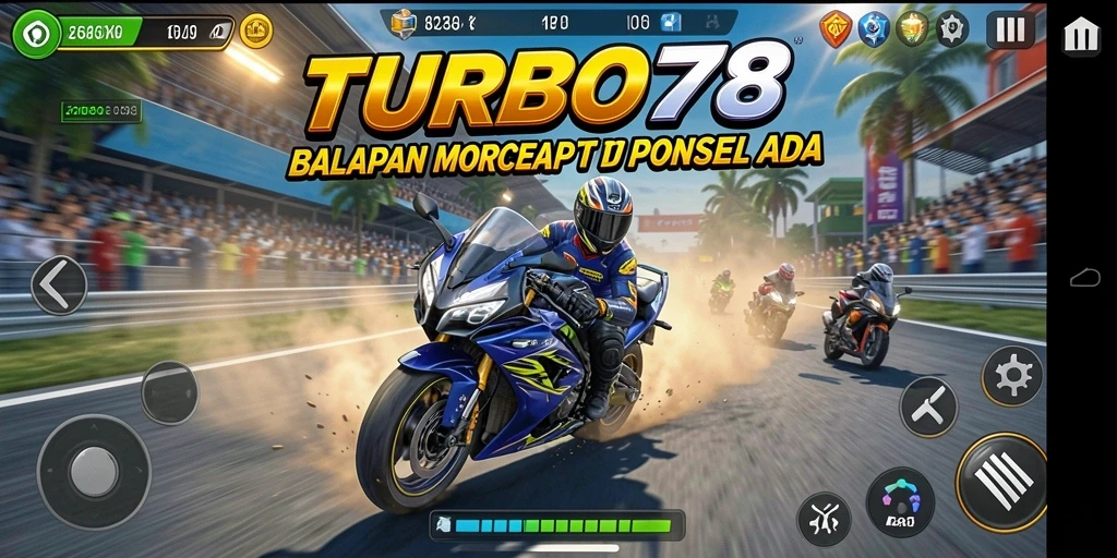 Screenshot gameplay TURBO78 yang menampilkan aksi balapan motor yang seru.